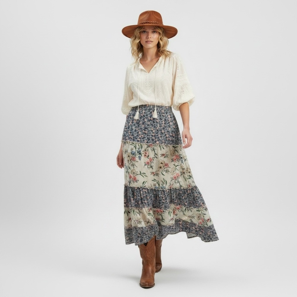 Boho Floral Mixed Print Tiered Maxi Skirt Cottagecore Ruffle Patchwork Long L